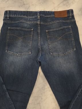 Brunello Cucinelli Men's Dark Blue Slim Straight Jeans with Leather Waist Patch
